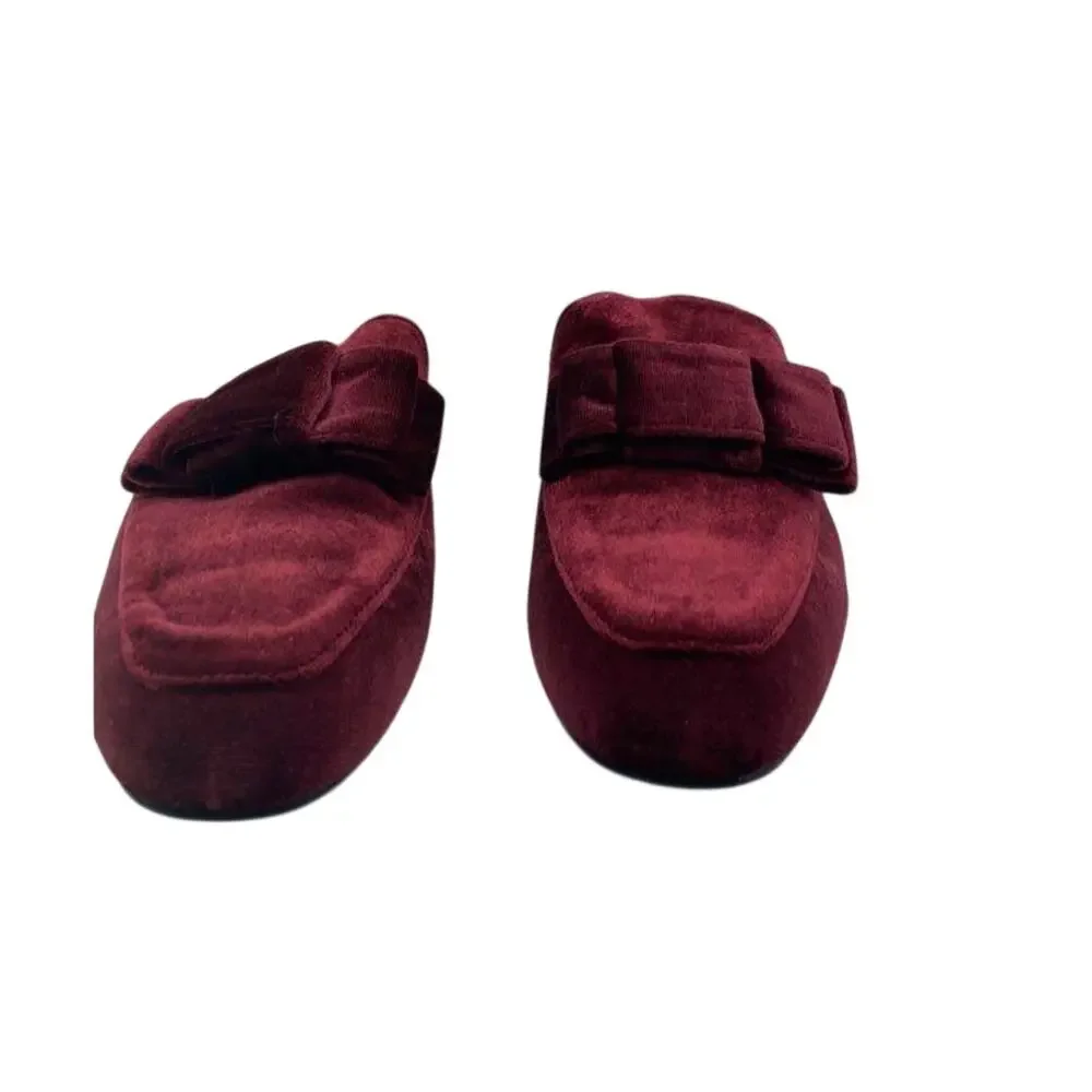 Catherine Malandrino Velvet Faux Fur Bow Mules Wine Sz 9
